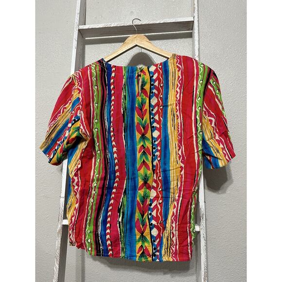 VTG Sz M Chaus Womens Short Sleeve Scoop Neck Hawaiian Shoulder Pad Blouse - Picture 3 of 5